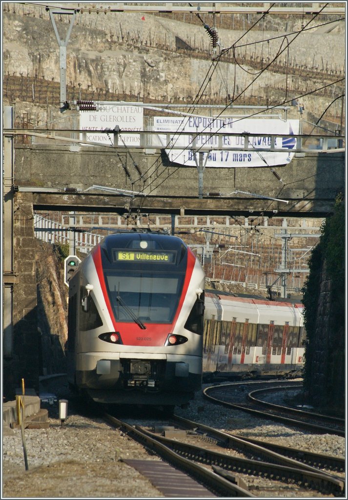 Zwei Flirts auf dem Weg nach Villeneuve verlassen Rivaz. 
1. M�rz 2012